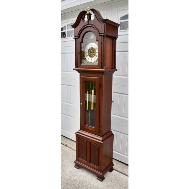 Traditional Mahogany Grandmother Clock Vintage Mechanical Embossed Dial For Sale - Image 15 of 18