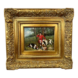 English Sporting Style Oil Painting, Huntsman & Hounds, Ornate Gilt Frame 1980's For Sale