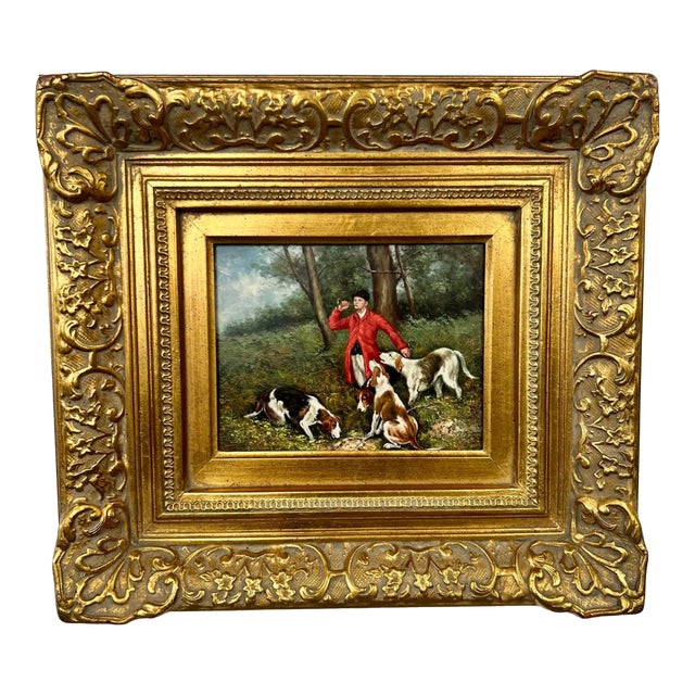English Sporting Style Oil Painting, Huntsman & Hounds, Ornate Gilt Frame 1980's For Sale