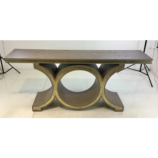 Original retail $4197, stylish Global Views modern gray and champagne silver link console table , showroom floor sample