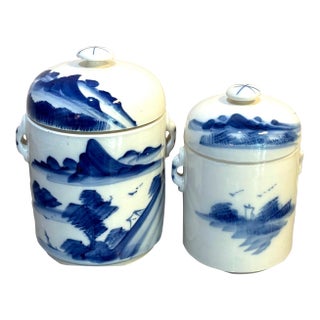 Blue/White Hand-Painted Asian Ceramic Canisters Set of Two For Sale