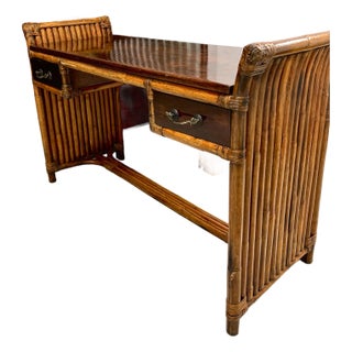 Paul Frankl Styled Stacked Rattan Bamboo Desk. Vintage, Refurbished, Mahogany Desk or Entry Table. For Sale