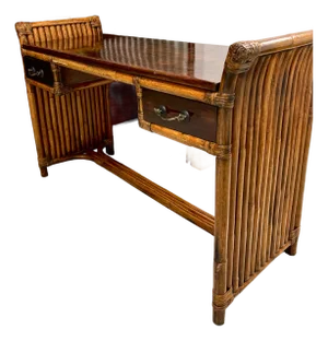 Vintage Refurbished, Stacked Bamboo and Mahogany Desk in the Style of Paul Frankl.