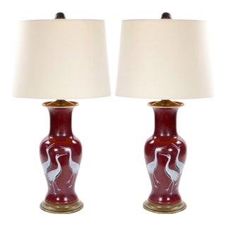 Pair of Mid-20th Century Burgundy Red Porcelain Chinoiserie Heron Table Lamps For Sale