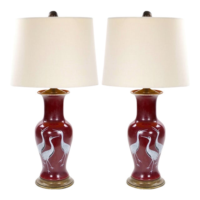 Pair of Mid-20th Century Burgundy Red Porcelain Chinoiserie Heron Table Lamps For Sale