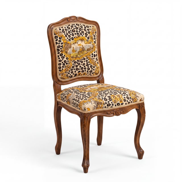 1950s 1950s French Carved Oak Chair in Brunschwig & Fils Chinoiserie Leopard Fabric For Sale - Image 5 of 6