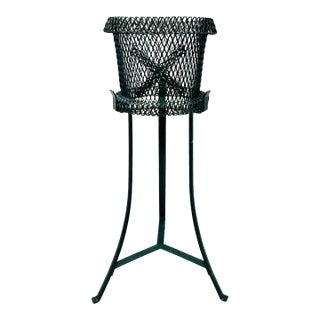 Mid Century French Style Green Metal Mesh Planter & Tripod Plant Stand, in the Manner of Mathieu Matégot, C. 1950s For Sale