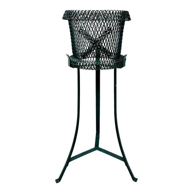 Mid Century French Style Green Metal Mesh Planter & Tripod Plant Stand, in the Manner of Mathieu Matégot, C. 1950s For Sale