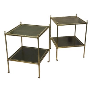 Pair of Brass and Green Leather Tooled Two-Tiered Side Tables For Sale