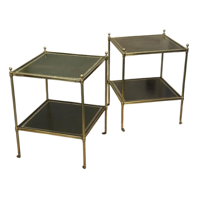 Pair of Brass and Green Leather Tooled Two-Tiered Side Tables For Sale