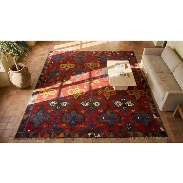 1940s Red Geometric Vintage Turkish Kilim Sivas Rug 9'4" X 11'6" Wool Flatweave Carpet For Sale In New York - Image 6 of 8
