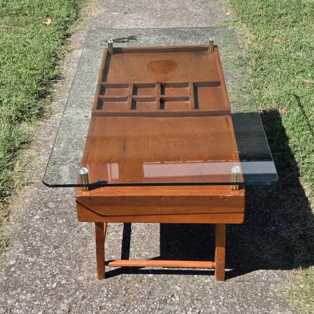 Brown Antique Hardwood Oak Cobblers Accent Table W/ Glass Top For Sale - Image 8 of 10