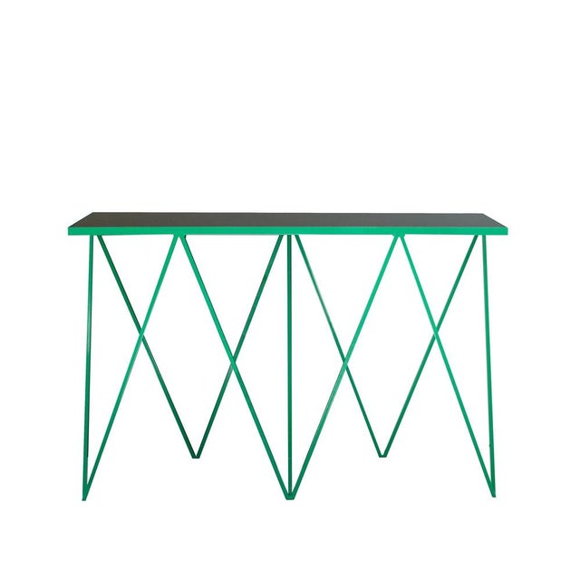 Forest Green Giraffe Console Table with Natural Linoleum Top in Green by &New For Sale - Image 8 of 8