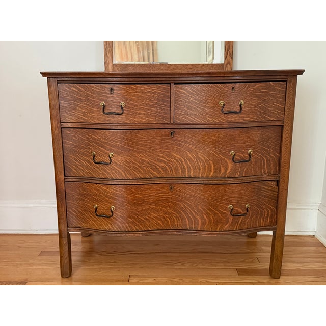 Antique Tiger Oak Serpentine Chest of Drawers With Mirror For Sale - Image 4 of 11