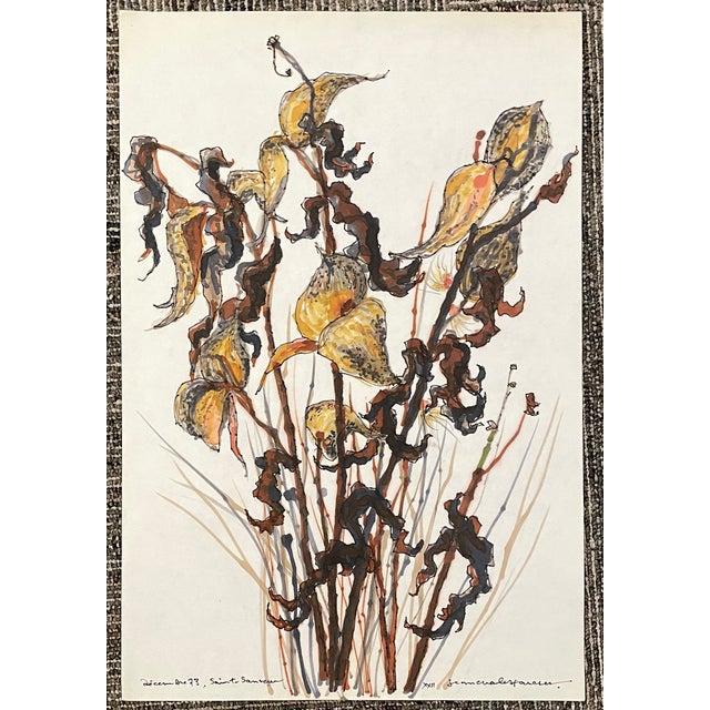 1973 Jean Charles Faucher Botanical Still Life Watercolor For Sale - Image 4 of 4