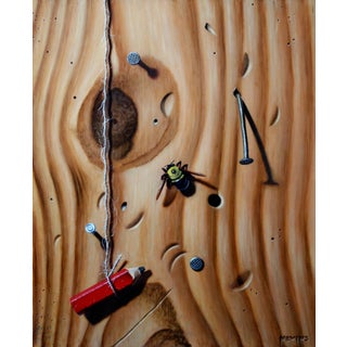 Carpenter Bee by Patrick Nevins | Oil on Panel Depiction of a bee on wooden surface with tools. For Sale