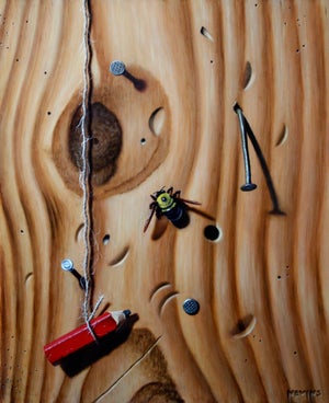 Carpenter Bee by Patrick Nevins | Oil on Panel Depiction of a bee on wooden surface with tools.