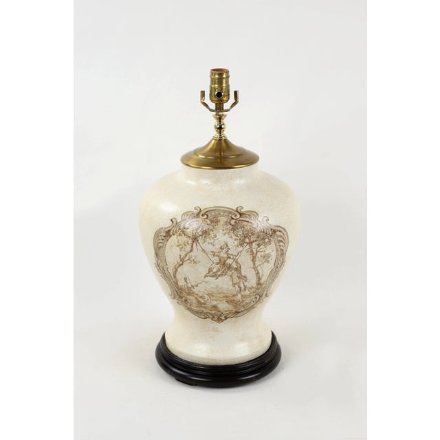 Reimagined scene of Fragonard's "Les Hasards heureux de l'escarpolette", this temple jar lamp features the similar "man...
