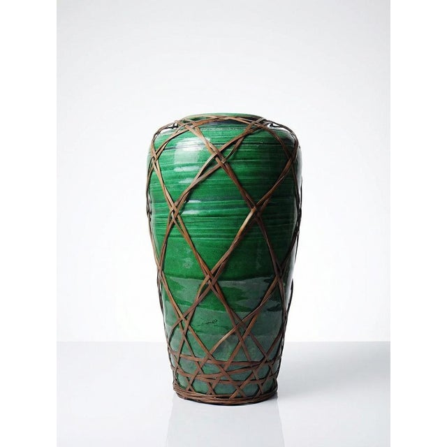 Japanese Green Ceramic Vase with Awaji Yaki Bamboo Lacing, 1920s For Sale - Image 10 of 10