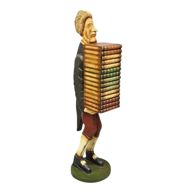Late 20th Century 52" Tall Figural Librarian Man Holding Stack of Books Statue Storage Cabinet For Sale