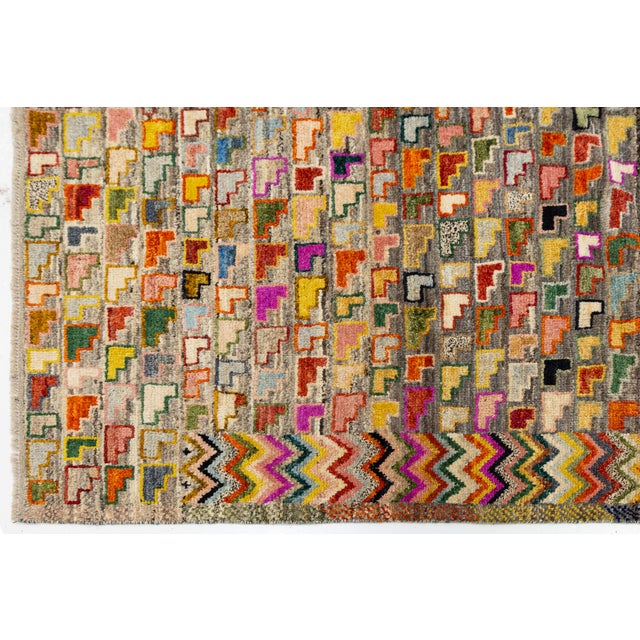 Contemporary Hand-Knotted Baluch Style Rug Vibrant L-Shaped Motif Geometric Wool For Sale - Image 10 of 11