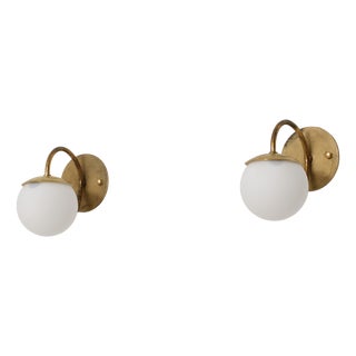 Vintage Italian Brass and Opaline Glass Globe Wall Sconces, 1950s, Set of 2 For Sale