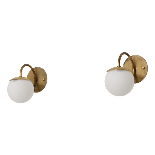 Vintage Italian Brass and Opaline Glass Globe Wall Sconces, 1950s, Set of 2 For Sale