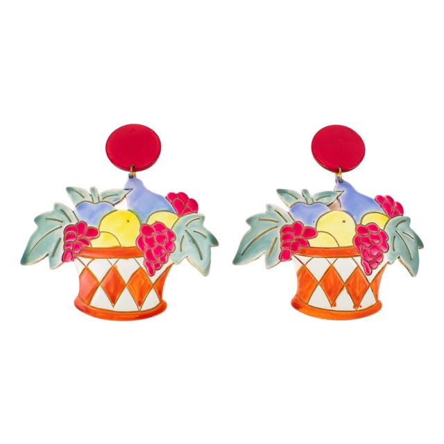 Lucite Clip-on Earrings Massive Fantasy Multicolor Fruit Basket For Sale