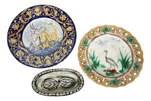 Majolica Plates and Earthenware Dish, France, Early 20th Century, Set of 3