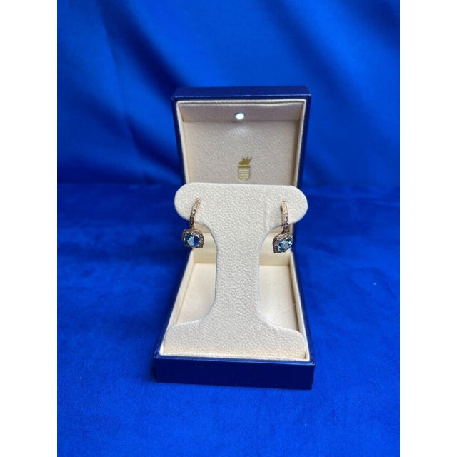 Early 21st Century Round Brilliant Cut Blue Topaz Diamond Halo 14 Karat Rose Gold Huggie Drop State, A Pair For Sale - Image 5 of 9