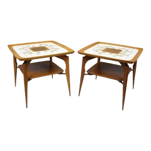 Vintage Mid Century Danish Modern Walnut Tile Top Sculptural End Tables - a Pair