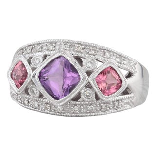 1.47ctw Tourmaline Amethyst Diamond Ring 14k White Gold Size 6.75 3-Stone For Sale