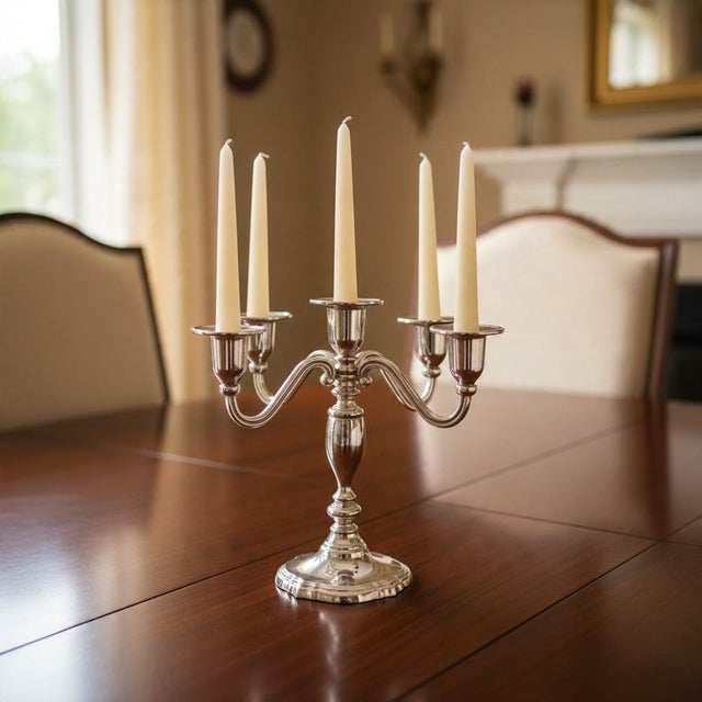 Metal Vintage International Silver Silverplate 5 Arm Candelabra-Candle Holder-Wedding For Sale - Image 7 of 10