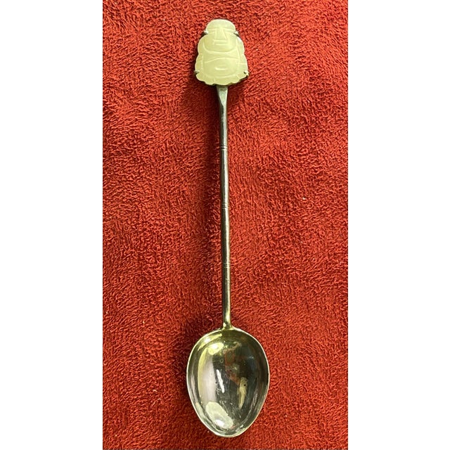 Metal 1940s Pure Sterling Silver Antique Set of 5 Spoons W Jade Buddhas 3 3/4” - 5pcs For Sale - Image 7 of 12