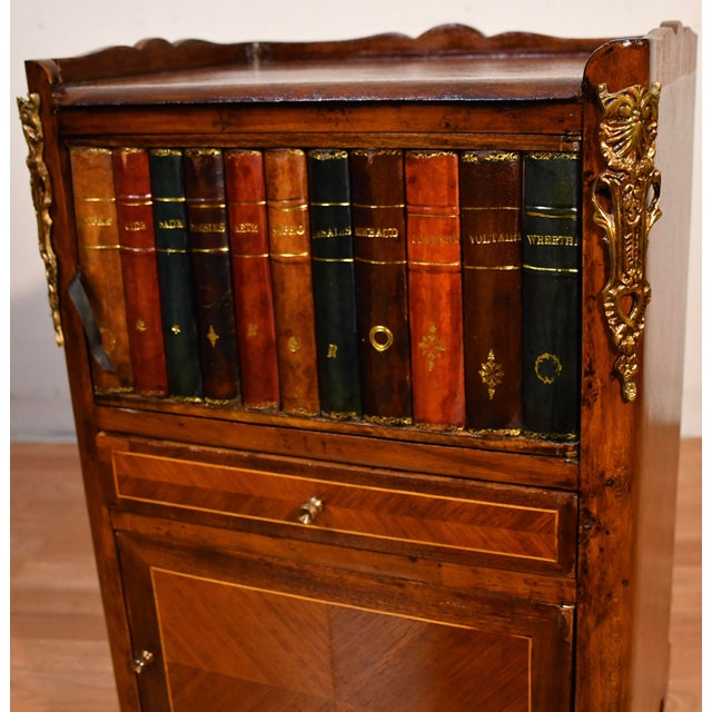 Antique French Louis XV Style Mahogany Inlay Nightstand With Faux Book Front Gallery Top Bronze Mounts For Sale - Image 11 of 15