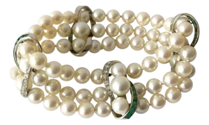 Vintage 14 Karat White Gold 1960s Diamond Emerald Pearl Three-Strand Bracelet