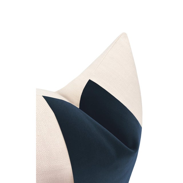 22" Prussian Blue Designer Velvet Panel + Linen Pillows - A Pair For Sale - Image 4 of 4
