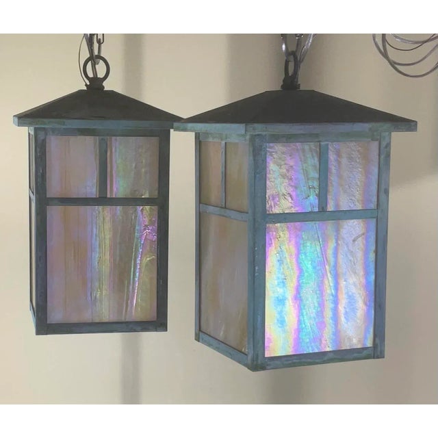 Arts & Crafts Brass Lantern Pendant Light With Art Glass For Sale - Image 12 of 12