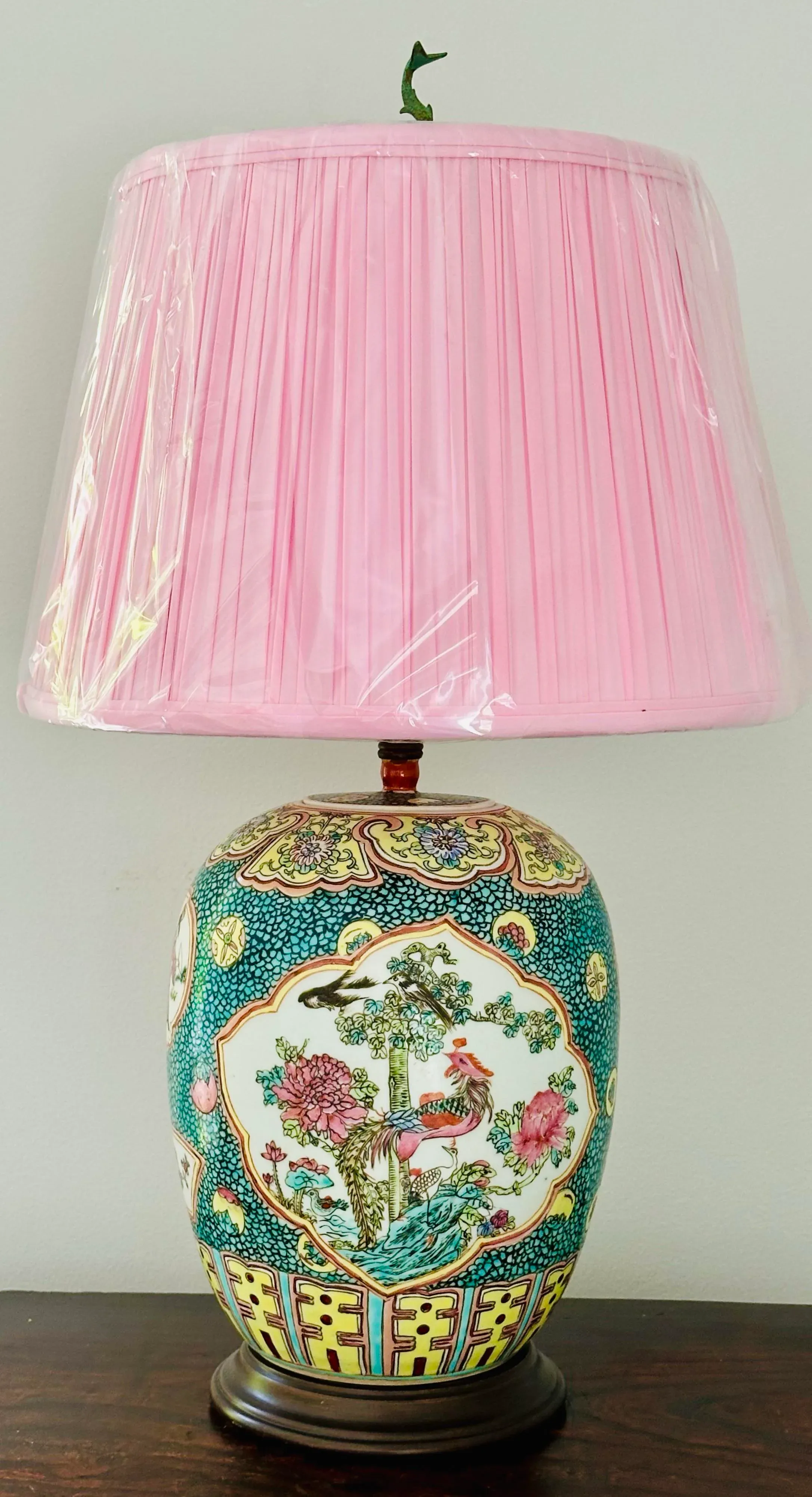 Chinese Export Porcelain Famille Rose Table Lamp With Fabric Shade