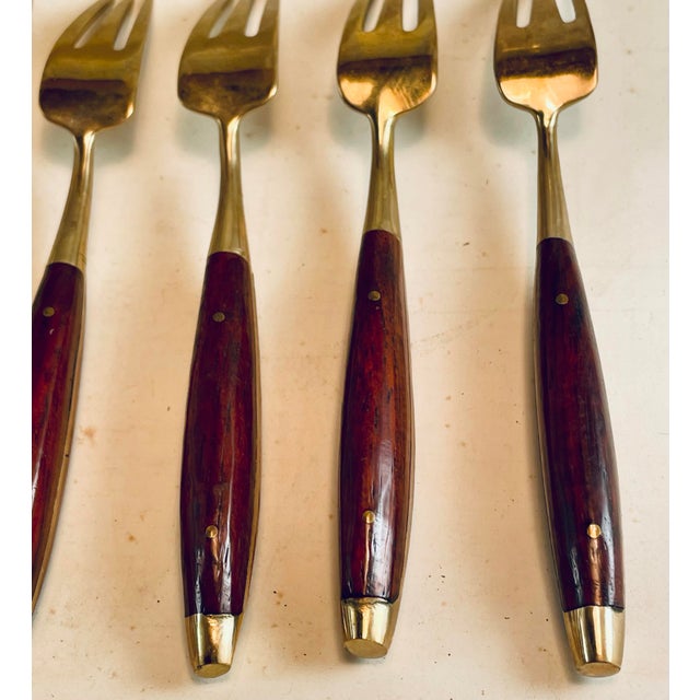 Brass Mid 20th Century Rosewood & Brass Small Desert H'Ordreves Forks Flatware Set of 5 For Sale - Image 8 of 11