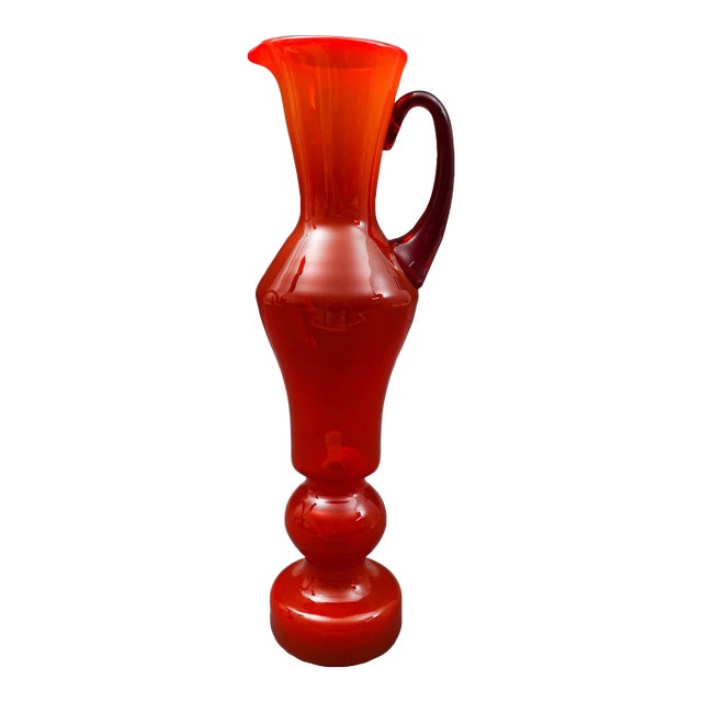 Vintage Mid-Century Italian Red Flame Art Glass Handled Sculptural Pitcher For Sale