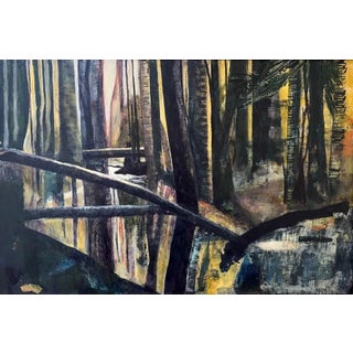“Where the Birds Sing" Contemporary Impressionist Landscape With Trees in Black and Yellow by Mill Valley Artist Mary Anne McKernie For Sale
