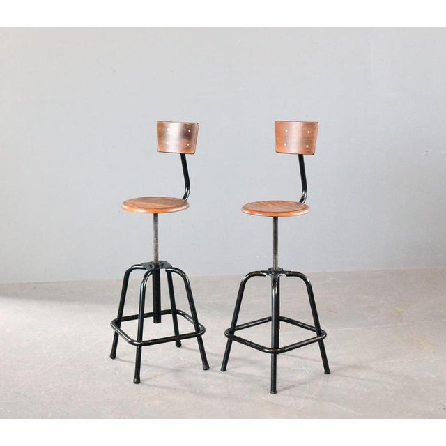 Industrial Height-Adjustable Bar Stools by L Sautereau, 1950s, Set of 2 For Sale - Image 6 of 6