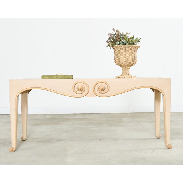 Opulent lacquered console table featuring an Italian travertine inset designed by Sally Sirkin Lewis for her J. Robert...