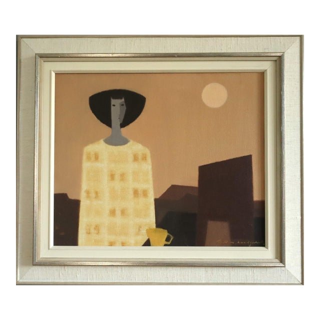 Mid-Century Modern 'Moonrise With Yellow Cup' Vintage Original Swedish Figurative Oil Painting, Framed For Sale