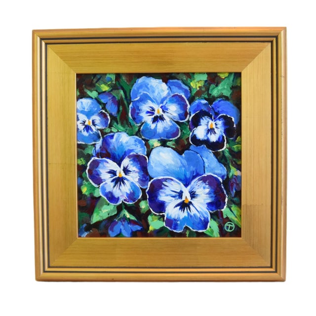 Contemporary Original Blue Pansies Floral Painting Including the Antiqued Gold Wood Frame For Sale - Image 3 of 3