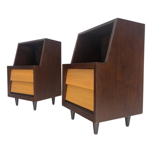 Pair Louver Shape Two Drawer Step End Tables Night Stands Brown & Light Walnut For Sale