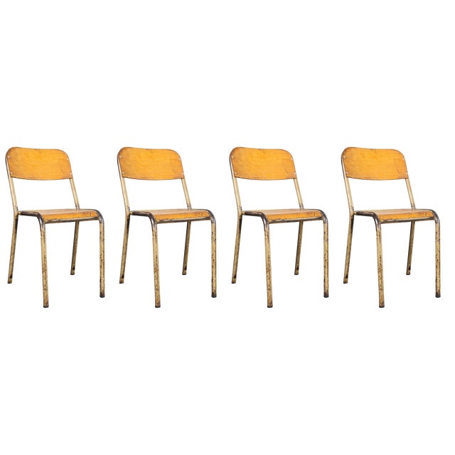 Vintage French Stacking D Back Dining Chairs, 1950s, Set of 4 For Sale