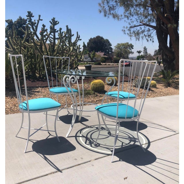 Vintage MidCentury Modern Wrought Iron Blue & White Patio Table & 4