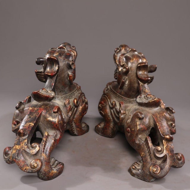 Pair of Antique Gilt Bronze Pixiu Statues, Mythical Beast Figures, 5.98kg For Sale In Los Angeles - Image 6 of 9